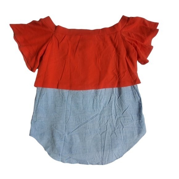 Postmark Anthro Drew Off the Shoulder Layered Reddish Orange Denim Top Size S - Picture 2 of 13